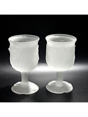 2 Avon Floral Frosted Glass Goblet 6" iced drink vintage1980s embossed textured